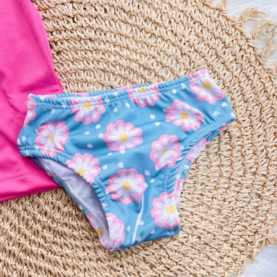 Linha Praia - Blusa com Proteção UV50+ e Calcinha - Flores Branca - Pink e Azul Claro